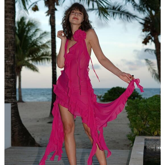 Fanci Club Dress Pink Garden of Eden Mini Ruffle Flower Halter Small - Picture 1 of 10